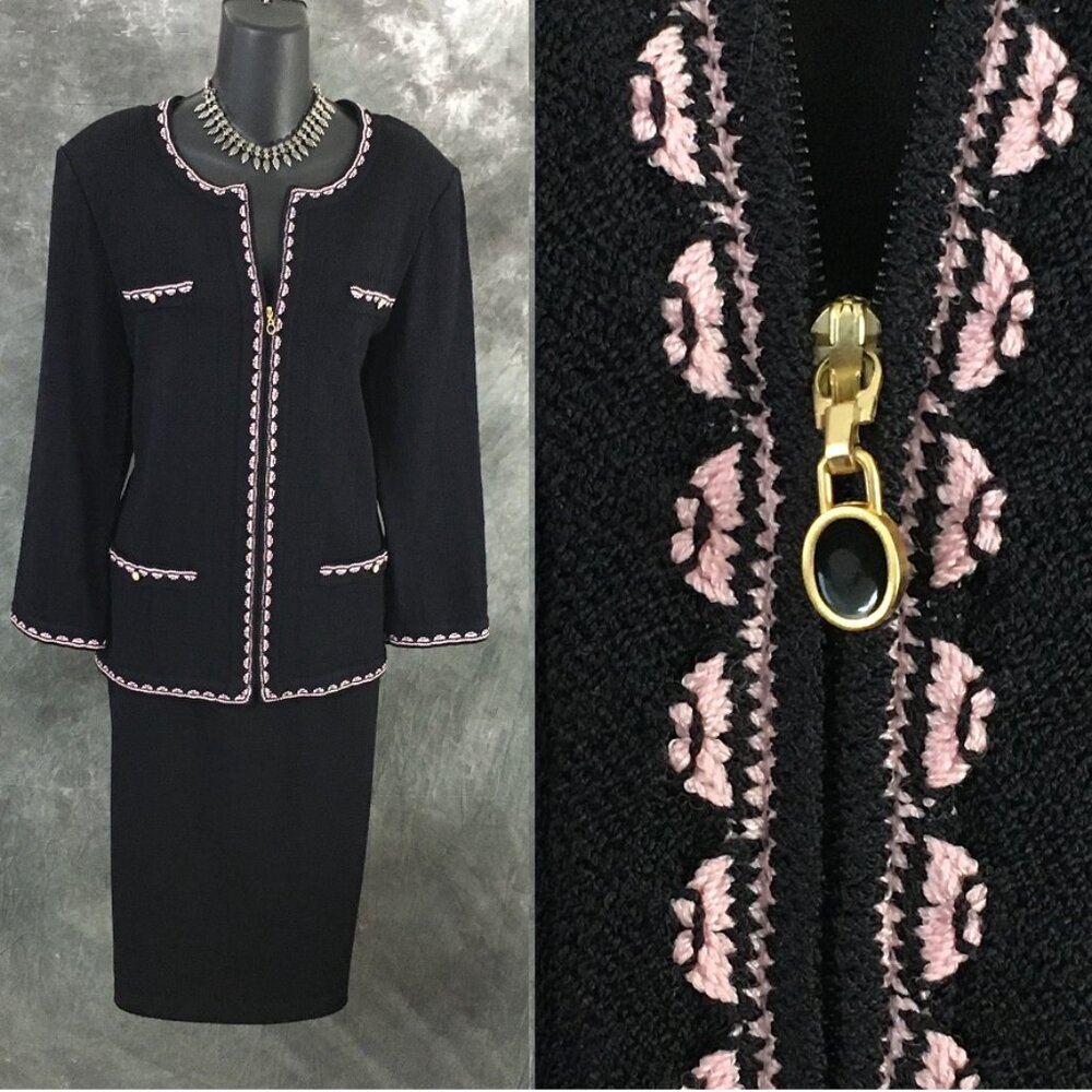 BEAUTIFUL St John collection knit pink black pearl jacket skirt suit 10 12